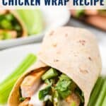 A grilled buffalo chicken wrap with lettuce and celery on a plate, text reads, “Grilled Buffalo Chicken Wrap Recipe.”.