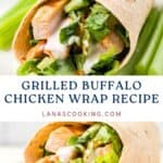 A grilled buffalo chicken wrap with lettuce and sauce, served with celery sticks on the side.