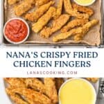 A tray and plate of crispy fried chicken fingers with honey mustard and marinara dipping sauces.