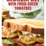 Close-up of a BLT sandwich with fried green tomatoes, lettuce, and bacon on toasted bread.