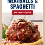 A large meatball with tomato sauce and cheese sits on a bed of spaghetti, with text reading Jumbo Meatballs & Spaghetti.