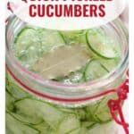 Open jar of sliced pickled cucumbers with a bay leaf, labeled “Quick Pickled Cucumbers.”.