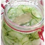 Open jar of quick pickled cucumbers with a bay leaf, labeled as a no-canning refrigerator pickle.