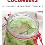 Open jar of thinly sliced cucumbers in brine, labeled as quick pickled cucumbers, no canning required.