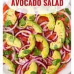 A plate of tomato and avocado salad with red onion slices and cilantro, labeled Tomato & Avocado Salad.