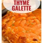 Close-up of a golden apricot thyme galette with text overlay and website URL at the bottom.