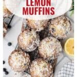 Overhead view of blueberry lemon muffins on a cooling rack, sprinkled with sugar and lemon zest.