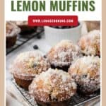 Blueberry lemon muffins with sugar topping on a cooling rack, with blueberries scattered around.