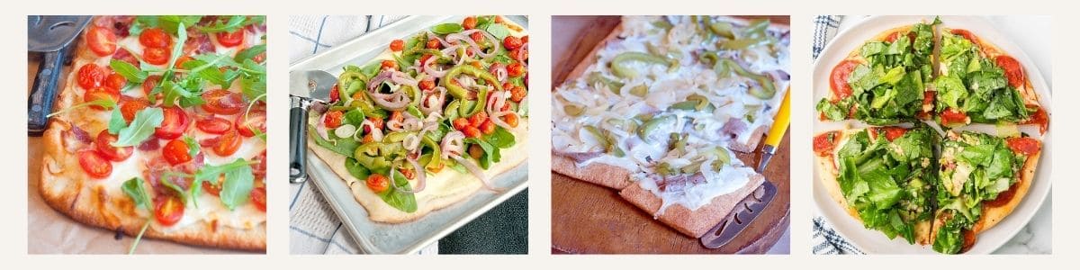 Four rectangular pizzas topped with various ingredients, including cherry tomatoes, arugula, green peppers, onions, creamy sauce, and leafy greens, displayed on different surfaces.