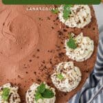 Chocolate cheesecake topped with whipped cream, chocolate shavings, and mint leaves on a blue striped cloth.