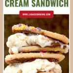 Three ice cream sandwiches with sprinkles, Nutella, and cookies stacked on top of each other.