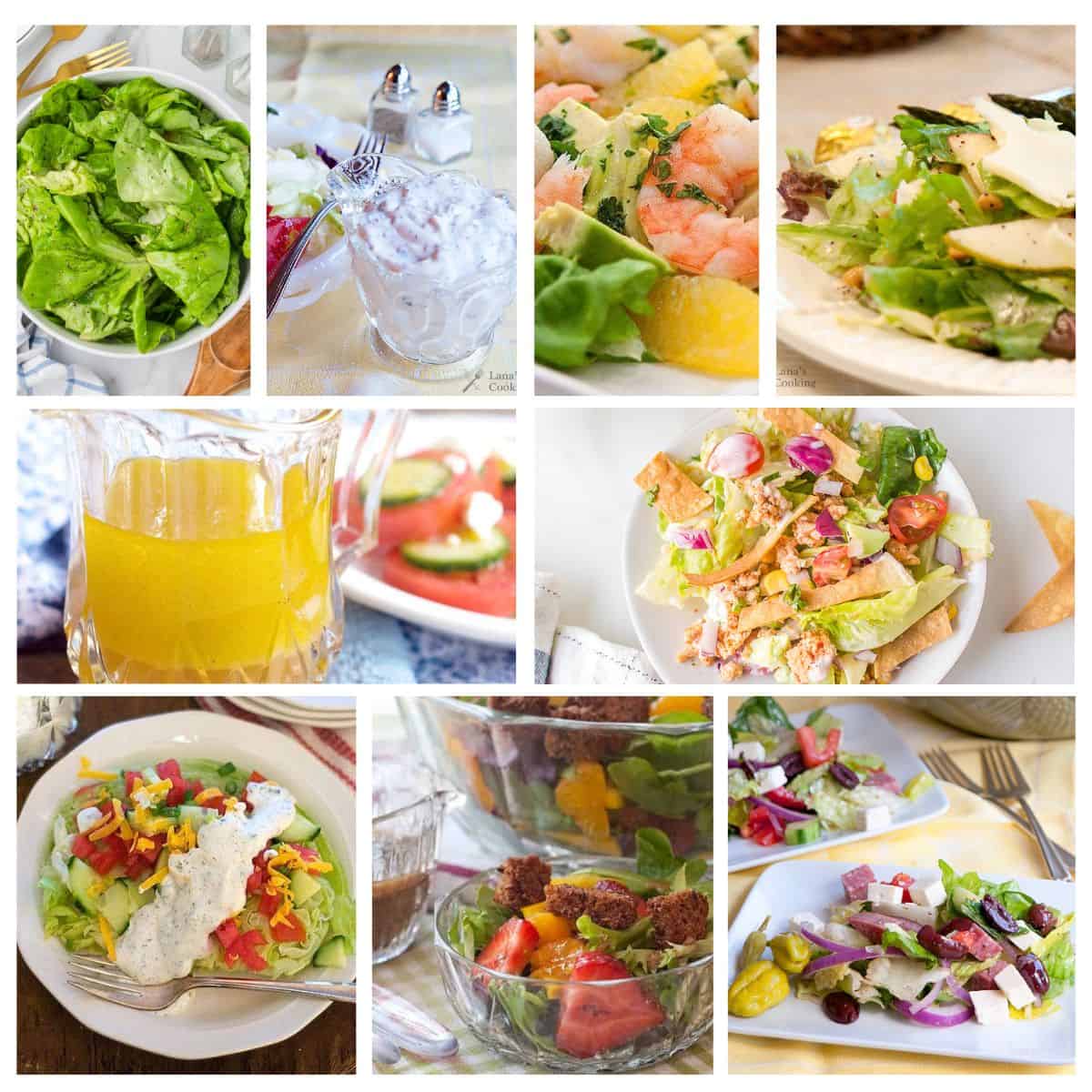 A collage of various salads and salad dressings, featuring different vegetables, toppings, and presentation styles in bowls and plates.