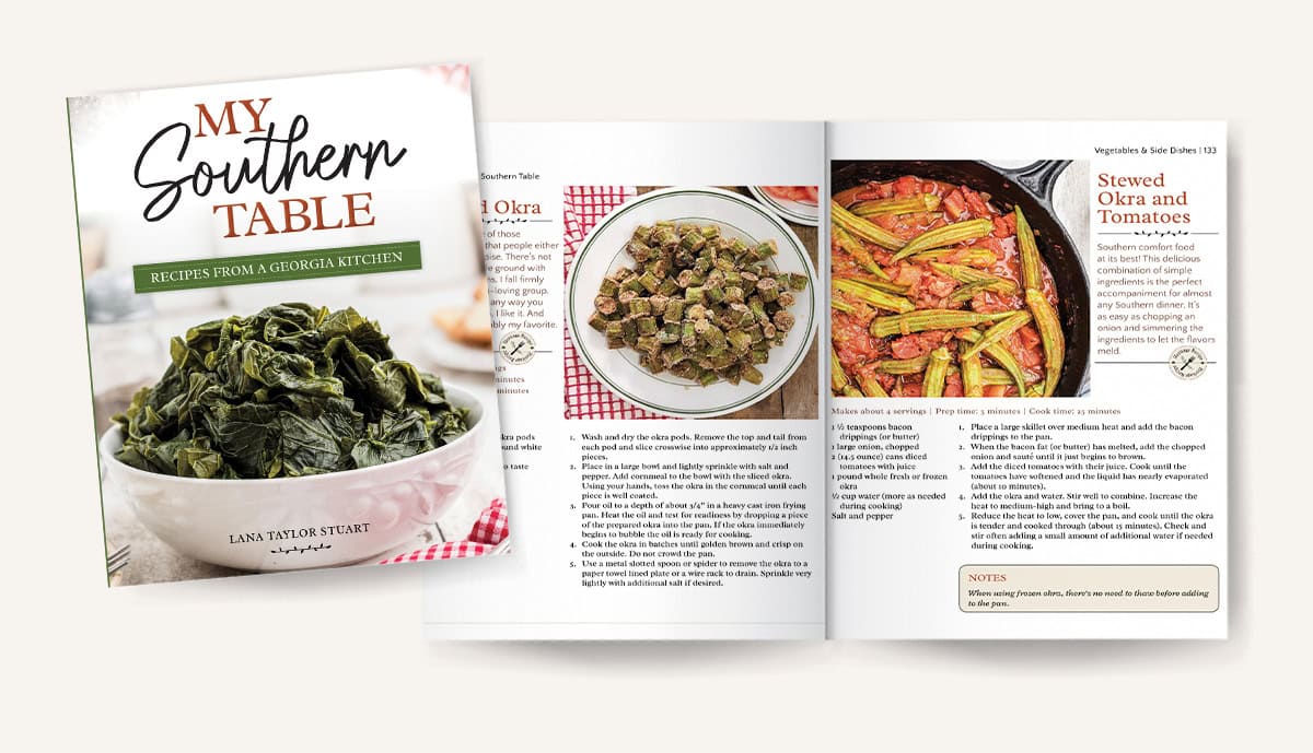 Open cookbook displaying a recipe with photos of cooked okra and tomatoes, next to the book cover titled My Southern Table: Recipes from a Georgia Kitchen.