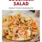 Glass bowl filled with sweet and sour cucumber salad with onions and carrots, ideal for cookouts.