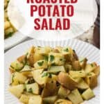 A plate of roasted potato salad garnished with herbs, with text: Roasted Potato Salad and a website URL.