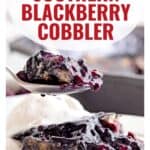 A spoon holds a bite of blackberry cobbler with ice cream; text reads Southern Blackberry Cobbler.