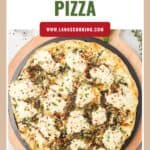 Overhead view of a white pizza with cheese and herbs on a round board, labeled White Pizza and a website link.