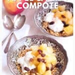 Two bowls of granola topped with yogurt, apple and pear compote, and raisins, with two spoons nearby.