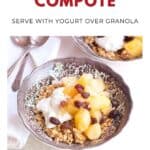 Bowl of granola with yogurt, apple and pear compote, and raisins, with spoons beside it.