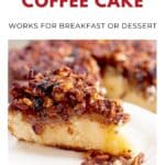 A slice of apple pecan coffee cake with a crumbly pecan topping on a white plate.