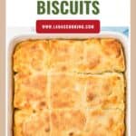Golden, fluffy butter swim biscuits cut into squares in a baking dish, with a website link and title above.