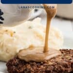 Gravy being poured over fried steak with mashed potatoes on a plate; text reads Southern Country Fried Steak Recipe.