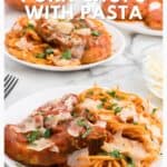 Plate of pork chops topped with sauce and cheese served over spaghetti pasta on a marble table.