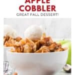 Two bowls of apple cobbler topped with vanilla ice cream, with cinnamon sticks and green apples nearby.