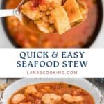 A spoonful of seafood stew with shrimp and fish over a bowl filled with the same stew.