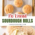 A baking sheet with five round, golden-brown sourdough rolls above text that reads No Knead Sourdough Rolls. Below, a sliced roll is spread with butter on a white surface.