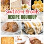 A collage of various homemade southern breads, including biscuits, sweet rolls, cornbread, and loaves.