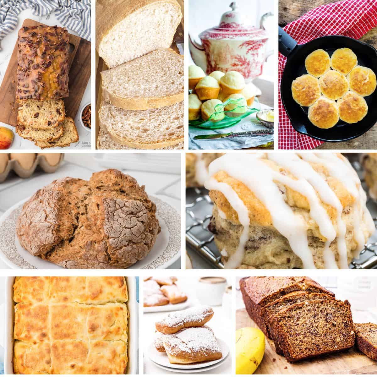 Collage of various homemade breads and biscuits, including loaves, rolls, scones, and iced cinnamon rolls.