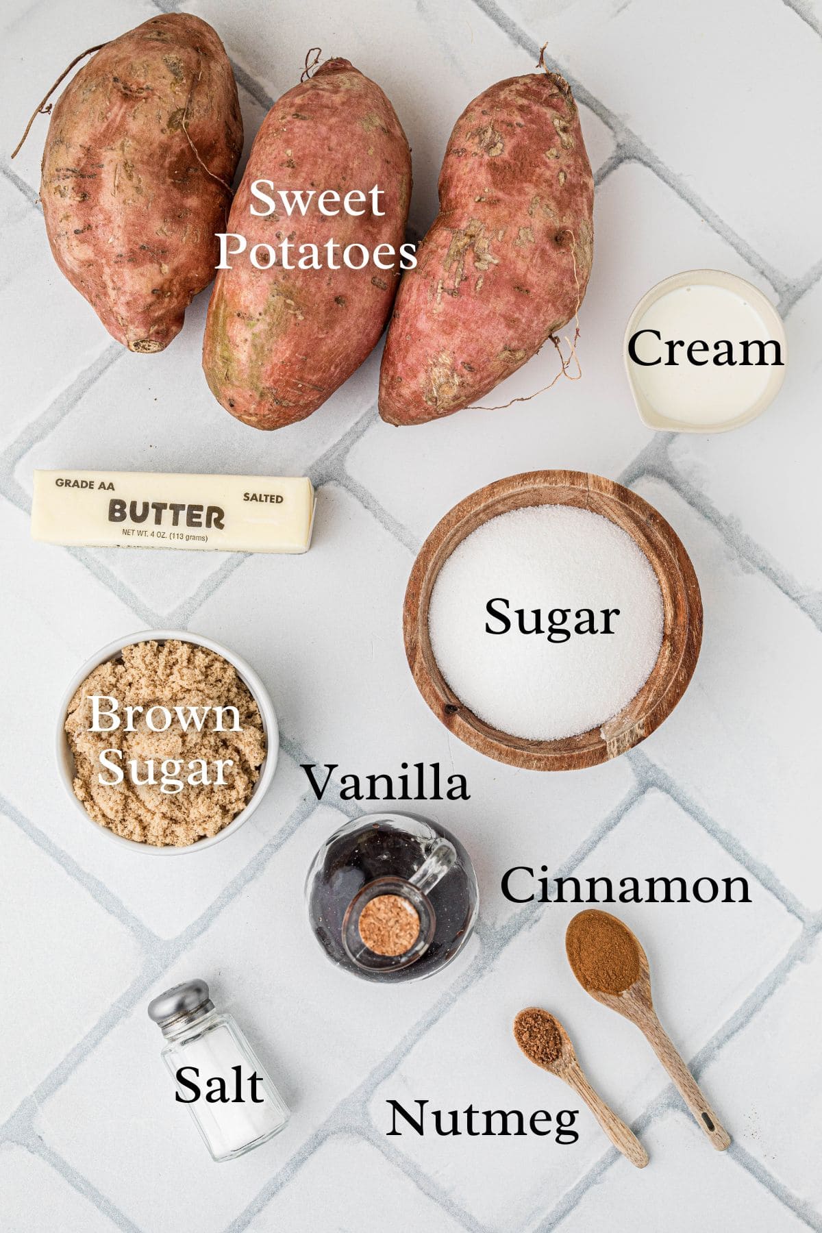 Ingredients for sweet potato casserole: sweet potatoes, cream, butter, sugar, brown sugar, vanilla, cinnamon, nutmeg, salt.