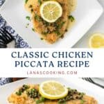 Chicken piccata on a white plate, topped with lemon slice, capers, and parsley, with sauce.