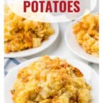 Three plates of cheesy funeral potatoes with a crunchy topping, text overlay reads “Funeral Potatoes”.