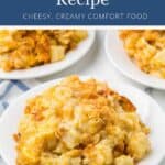 Three plates of cheesy, potato casserole topped with a golden crispy crust.