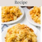 Three plates of cheesy funeral potatoes with a crunchy topping.