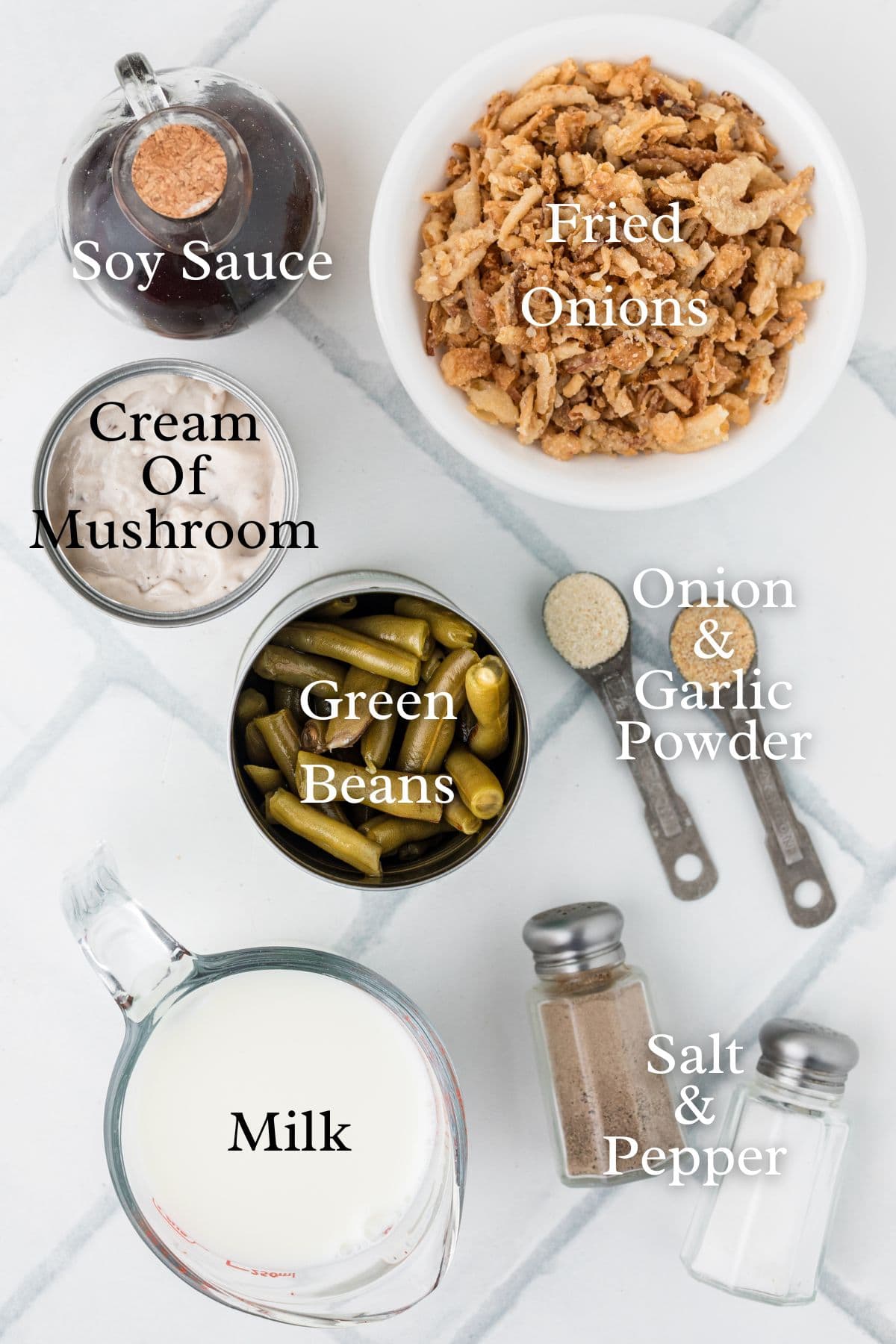 Ingredients for green bean casserole: soy sauce, fried onions, cream of mushroom, green beans, milk, spices.