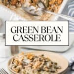 A plate of green bean casserole with a serving dish in the background and Green Bean Casserole text.