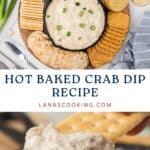 Round skillet of creamy crab dip with crackers on a wood board, topped with chopped green onions.