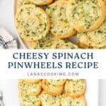 Golden spinach pinwheels with cheese arranged on plates, featured as a recipe from lanascooking.com.