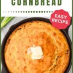 A skillet of sour cream and onion cornbread with melting butter, labeled as an easy recipe.