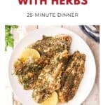 Plate of baked catfish fillets with herbs and lemon slices, styled on a white plate with garnish.