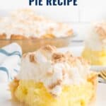 A slice of coconut meringue pie on a plate, with the whole pie in the background and recipe text above.