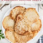 A plate of crispy, golden lacy cornbread with a fork and recipe text overlay.
