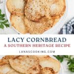Plates of lacy cornbread on a rustic table, with text reading Lacy Cornbread, A Southern Heritage Recipe.