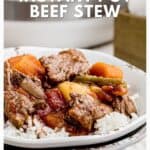 Beef stew with vegetables served over rice in a white bowl, with text about Instant Pot beef stew.