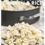 A plate of old fashioned chicken and rice with a pot of the same dish in the background.