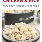 A plate of old fashioned chicken and rice sits in front of a pot, with a salt shaker nearby.