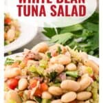A plate of white bean tuna salad with chopped vegetables, garnished with parsley.